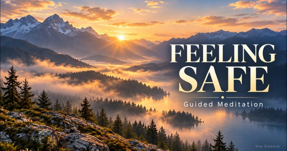 Feeling Safe guided meditation at sunrise over mountains and a misty lake