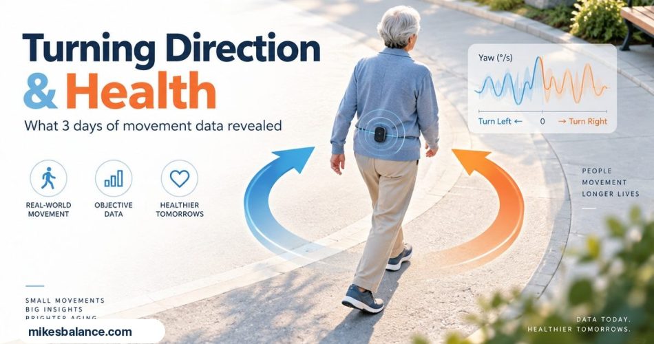 Older adult walking with turning arrows and yaw sensor visualization, mikesbalance.com