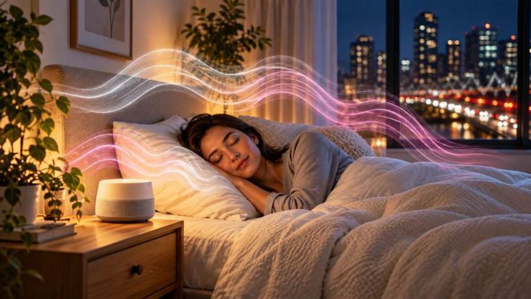 Person sleeping with a bedside sound machine, illustrating white and pink noise for sleep