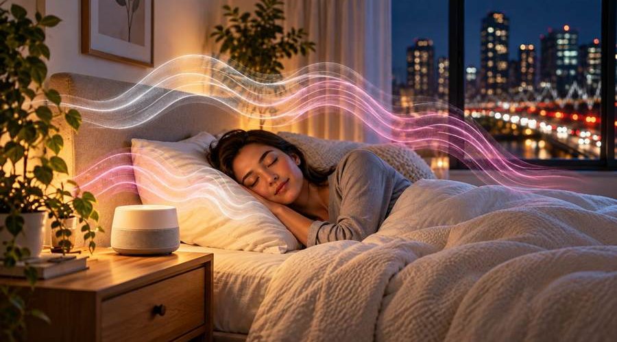Person sleeping with a bedside sound machine, illustrating white and pink noise for sleep