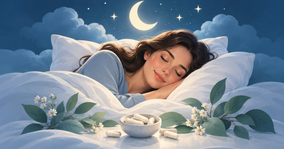 Mujer durmiendo tranquilamente por la noche, ilustrando el magnesio y el sueño
